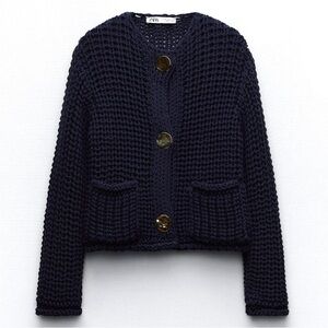 Zara Chunky Knit Cardigan in Navy with Gold Buttons